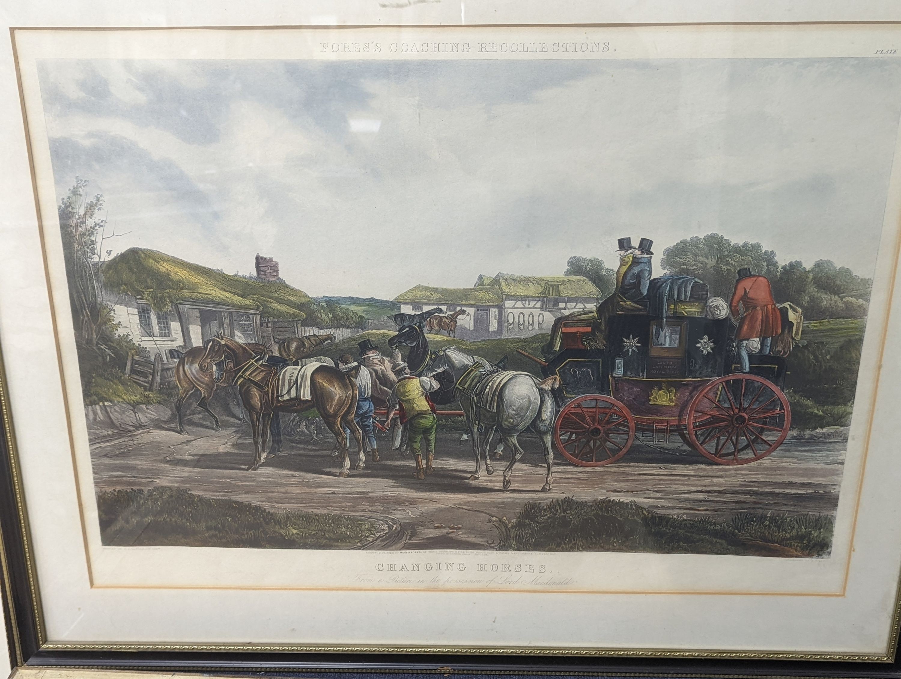 Carington Bowles, three coloured engravings, 'The Chace of the fox', 36 x 49cm and a Fores's Coaching Recollection - Changing Horses, 51 x 71cm